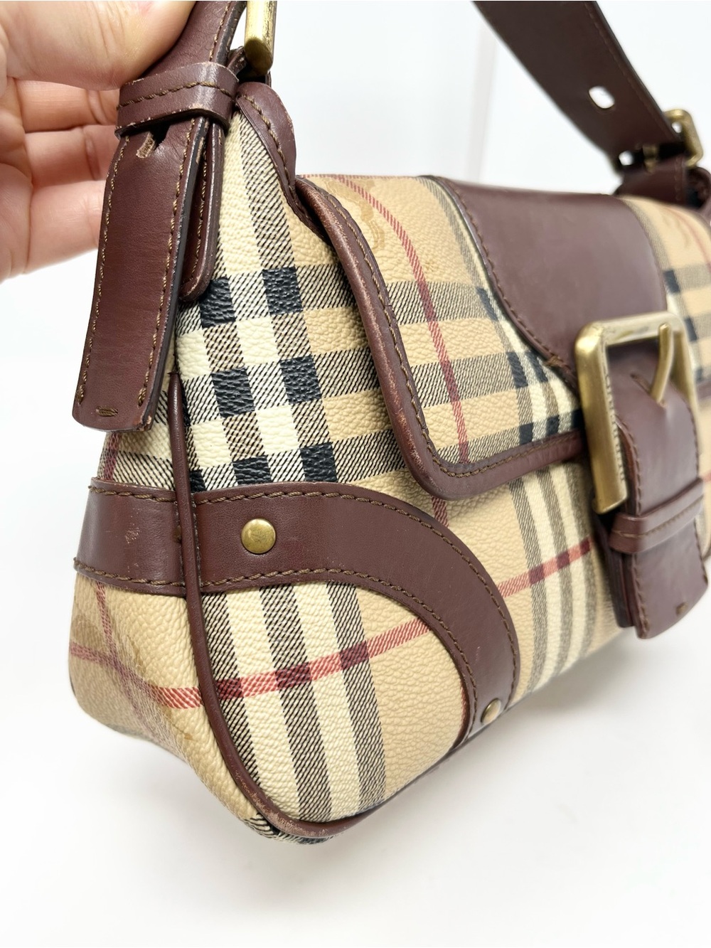 Vintage Vtg Burberry Y2K Haymarket Check Mini Shoulder Bag Beige Brown Leather - Picture 12 of 14